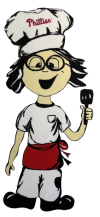 A cartoon chef holding a knife and fork.
